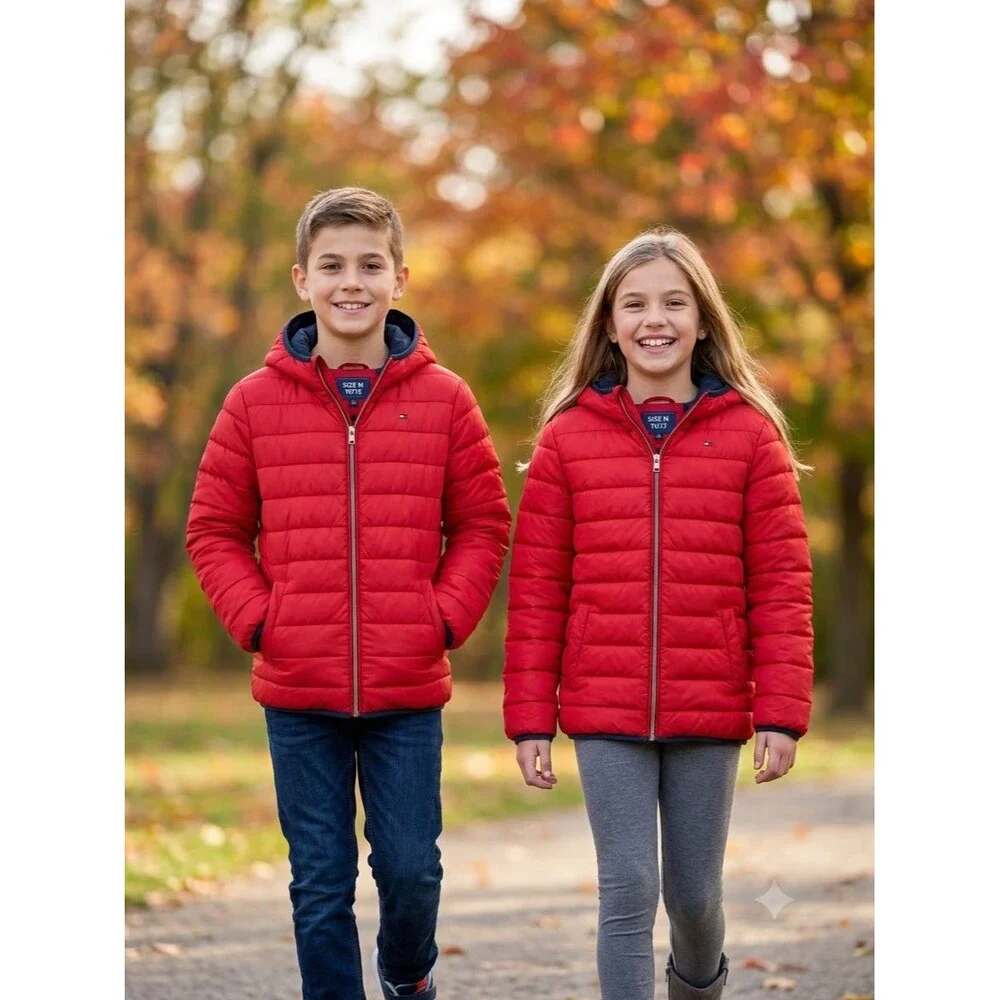NWOT Tommy Hilfiger Kids Red Hooded Puffer Jacket Coat Boys Girls M 10/12